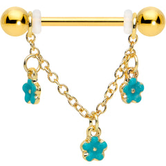 14G 9/16 Gold Tone Blue Flowers Chain Dangle Nipple Ring Set