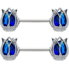 14G 9/16 Blue Gem Tulip Flower Barbell Nipple Ring Set