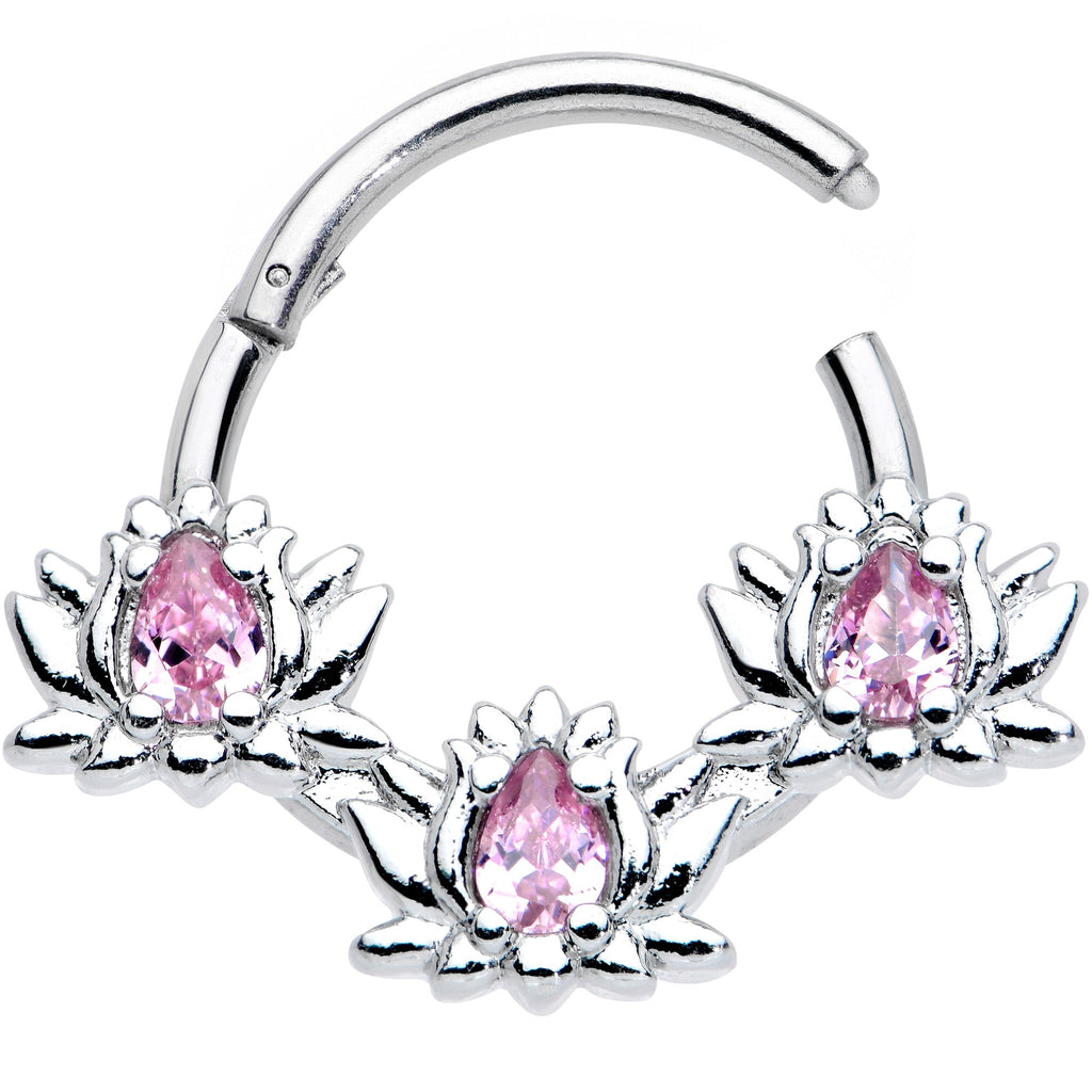 16G 3/8 Pink CZ Gem Triple Lotus Hinged Segment Ring