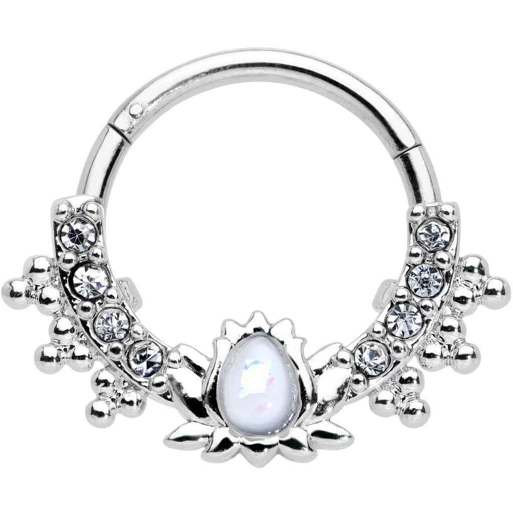 16G 3/8 White Faux Opal Stylized Lotus Hinged Segment Ring