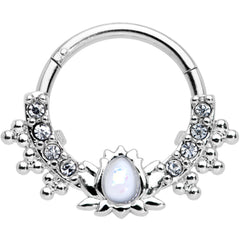 16G 3/8 White Faux Opal Stylized Lotus Hinged Segment Ring