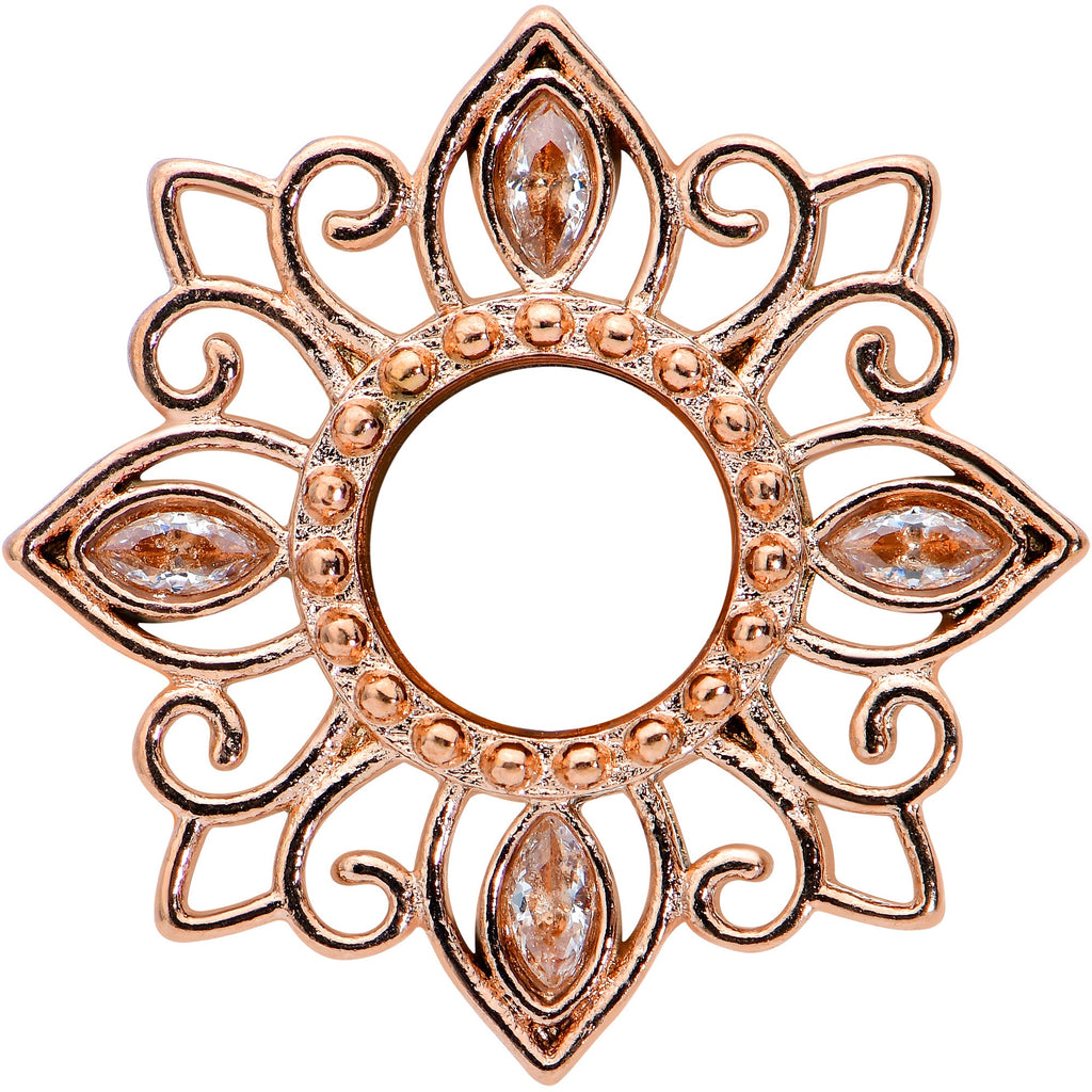 2G Brown Gem Rose Gold Tone Floral Screw Fit Tunnel Plug Set