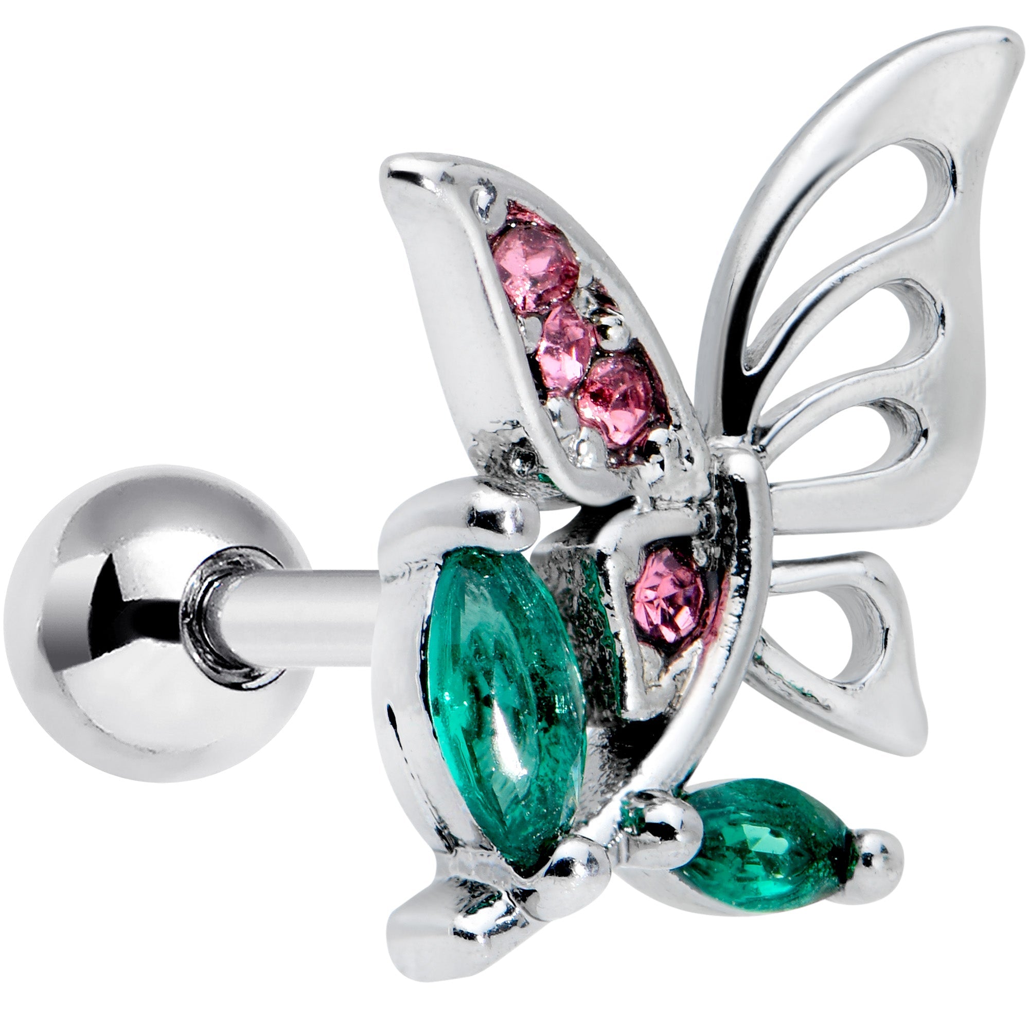 16G 1/4 Pink Green Gem Floral Butterfly Cartilage Tragus Earring