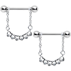14G 9/16 Clear Gem Link Heart Valentine Dangle Nipple Ring Set