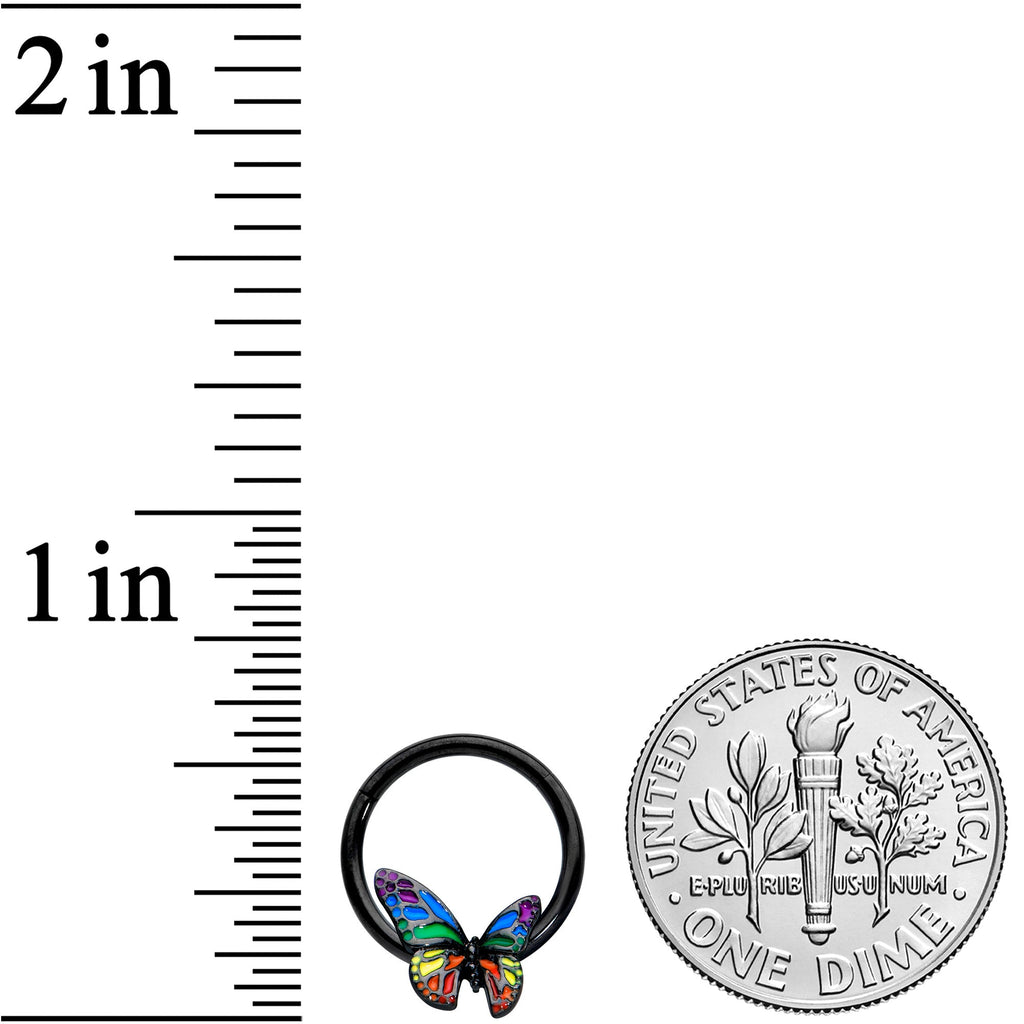 16G 3/8 Black Rainbow Pride Butterfly Hinged Segment Ring