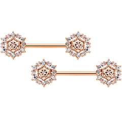 14G 9/16 Clear CZ Gem Rose Gold Hue Geometric Web Nipple Ring Set
