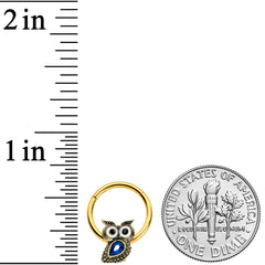 16G 3/8 Blue Gem Gold Tone Wide Eyed Owl Hinged Segment Ring
