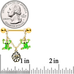 14G 5/8 Clear Gem Gold Tone Frog Flower Dangle Nipple Ring Set