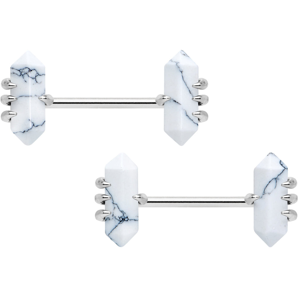 14G 9/16 White Howlite Stone Obelisks Barbell Nipple Ring Set