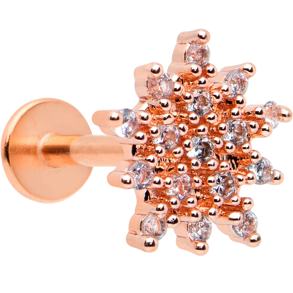 16G 1/4 Clear Gem Rose Gold Hue Stylish Flower Labret Tragus