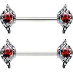 14G 9/16 Clear Red Gem Swirling Oval Barbell Nipple Ring Set