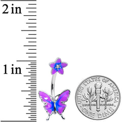 Matching Purple Flower Butterfly Double Mount Belly Ring