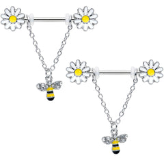14G 9/16 Clear Gem Daisy Bee Chain Dangle Barbell Nipple Ring Set