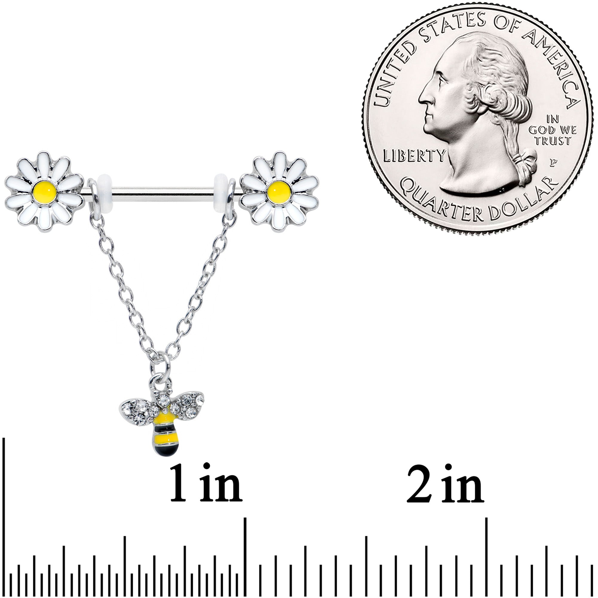 14G 9/16 Clear Gem Daisy Bee Chain Dangle Barbell Nipple Ring Set