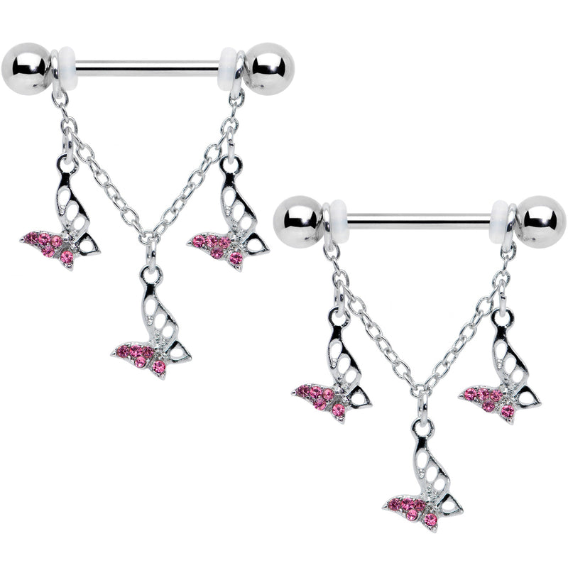 14G 9/16 Pink Gem Open Butterfly Chain Dangle Nipple Ring Set