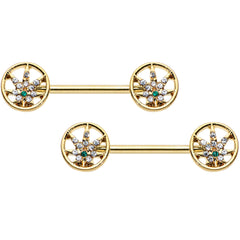 14G 9/16 Clear Green Gem Gold Hue Pot Leaf Circle Nipple Ring Set