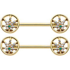 14G 9/16 Clear Green Gem Gold Hue Pot Leaf Circle Nipple Ring Set