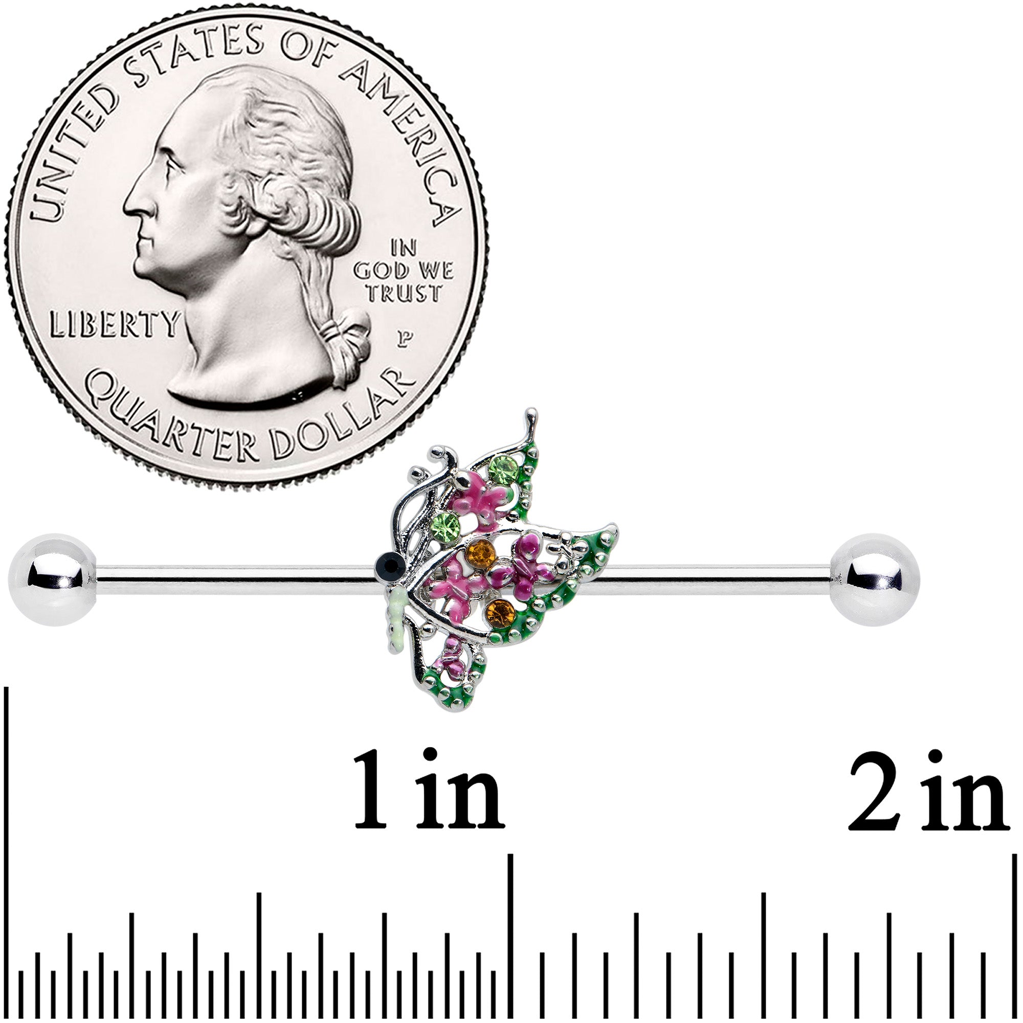 14G Pink Gem Openwork Butterfly Industrial Barbell 38mm