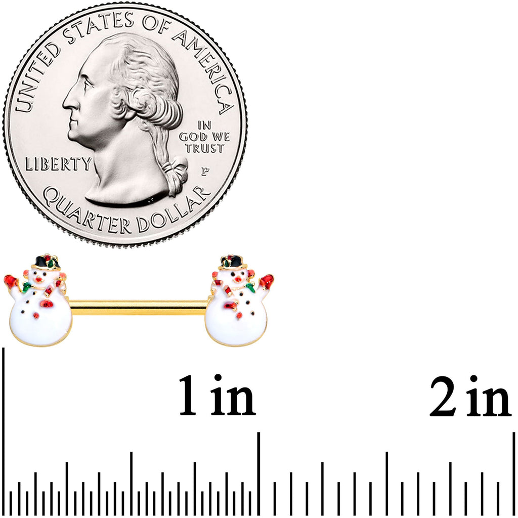 14G 9/16 Gold Tone Winter Snowman Christmas Nipple Ring Set
