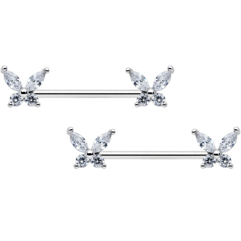 14G 9/16 Clear CZ Gem Butterflies Barbell Nipple Ring Set
