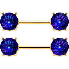 14G 9/16 Blue Gem Gold Tone Simply Elegant Nipple Ring Set