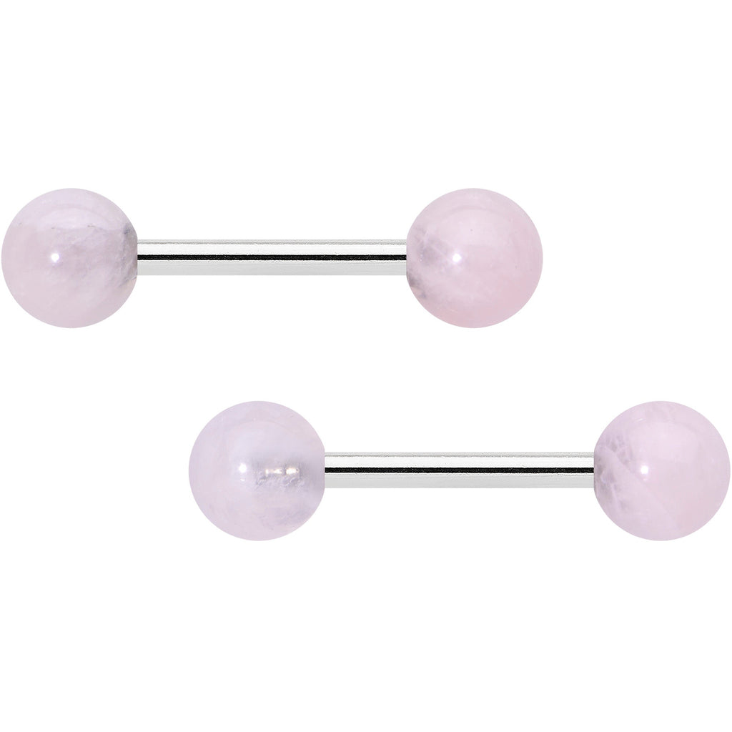 14G 1/2 Elegant Pink Rose Quartz Barbell Nipple Ring Set