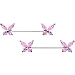14G 3/4 Pink CZ Gem Butterflies Barbell Nipple Ring Set