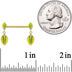 14G 5/8 Clear Gem Gold Tone Lush Leaves Dangle Nipple Ring Set