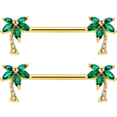 14G 9/16 Clear Green Gem Gold Tone Palm Tree Nipple Ring Set