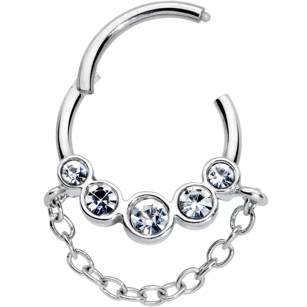 16G 3/8 Clear Gem Trio Chain Dangle Hinged Segment Ring