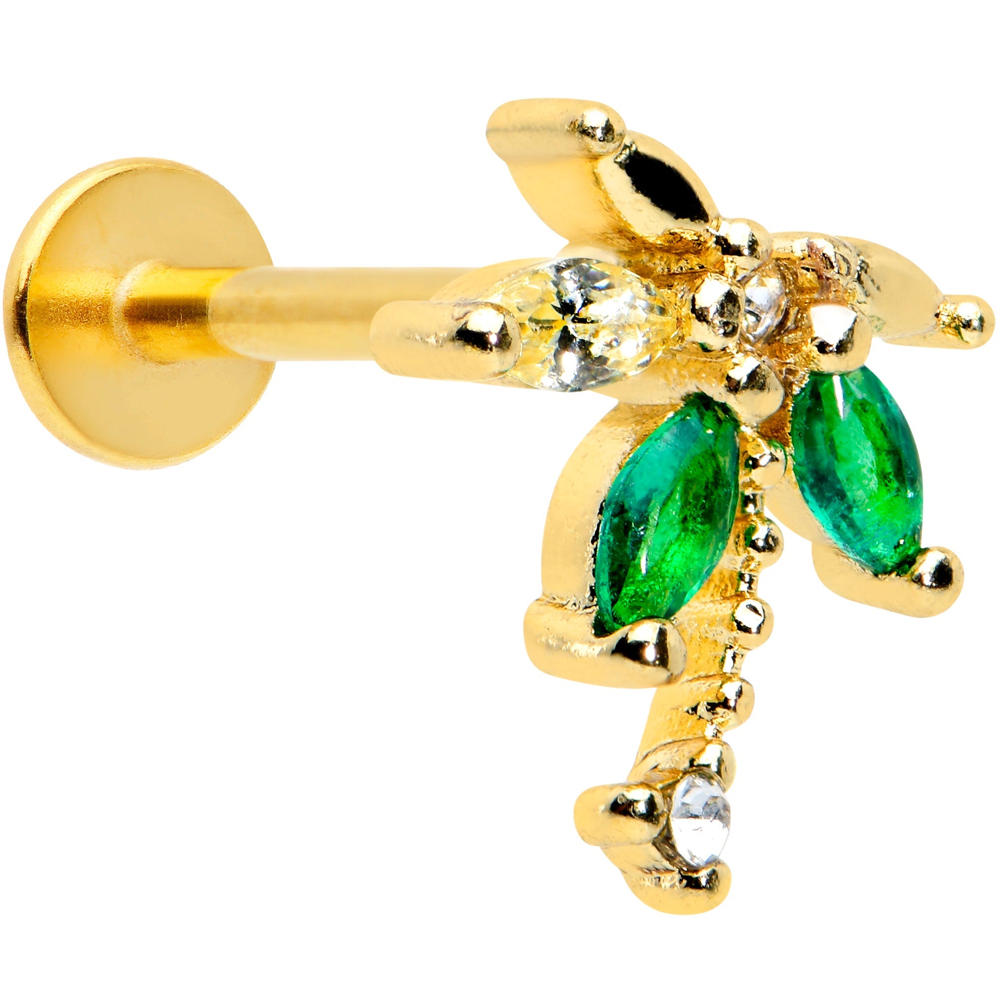 16G 5/16 Green Gem Gold Tone Palm Tree Labret Monroe Tragus