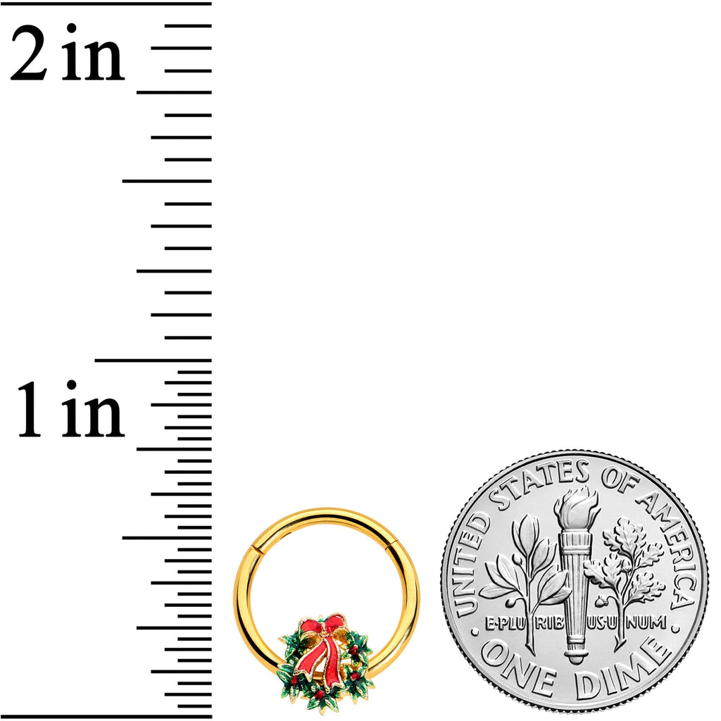 16G 3/8 Gold Hue Festive Christmas Wreath Bow Hinged Segment Ring
