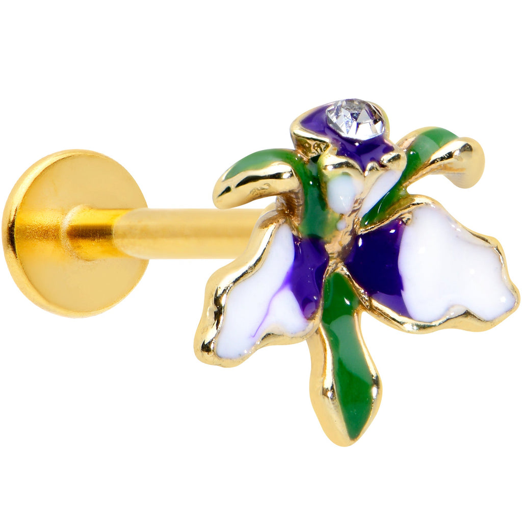 16G 5/16 Clear Gem Gold Tone Iris Flower Labret Monroe Tragus