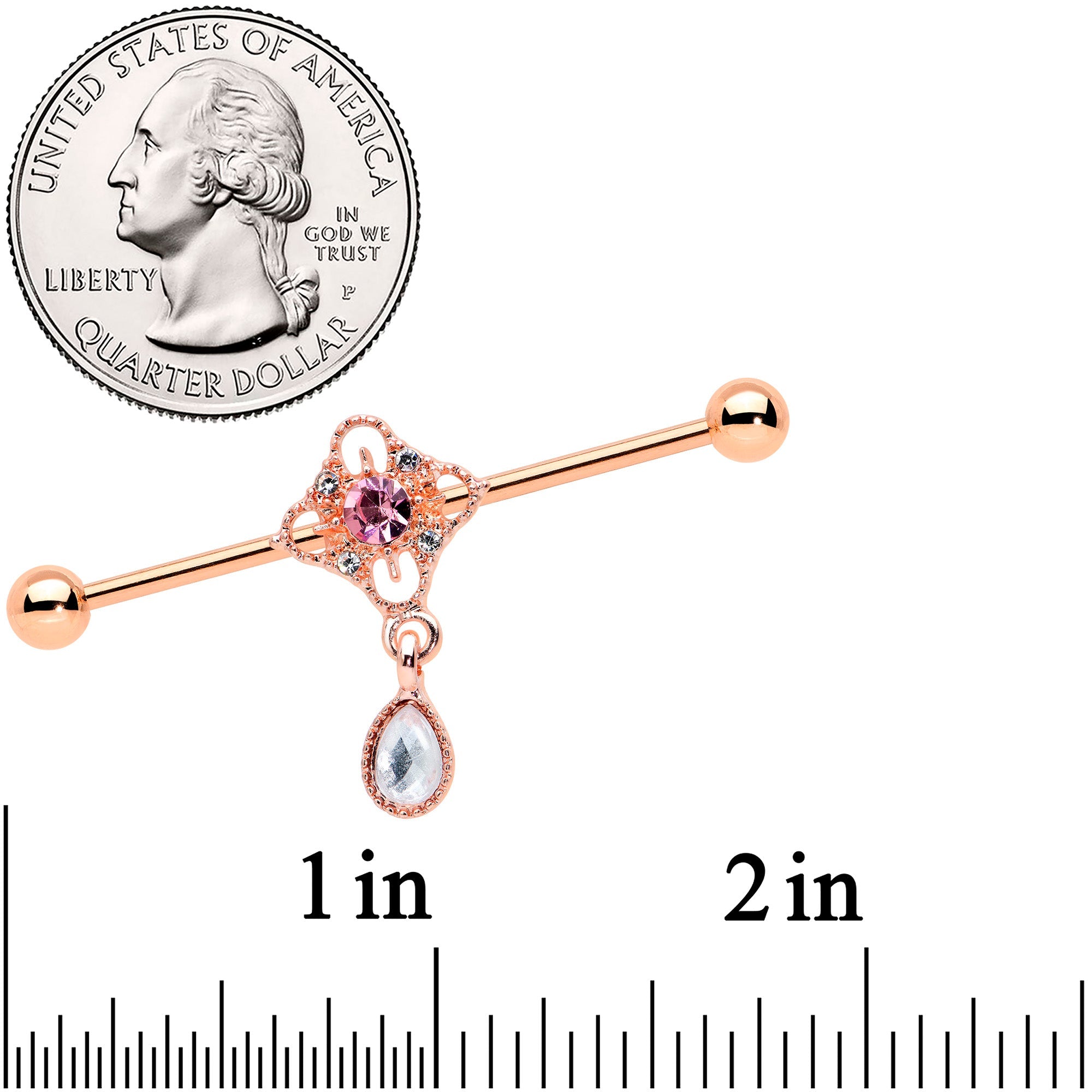 14G Purple Gem Rose Gold Hue Cross Dangle Industrial Barbell 38mm