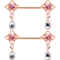 14G 9/16 Purple Grey Gem Rose Gold Tone Dangle Nipple Ring Set