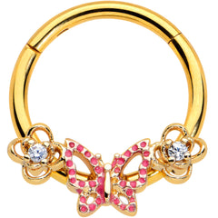 16G 3/8 Clear CZ Gem Gold Hue Sweet Butterfly Hinged Segment Ring