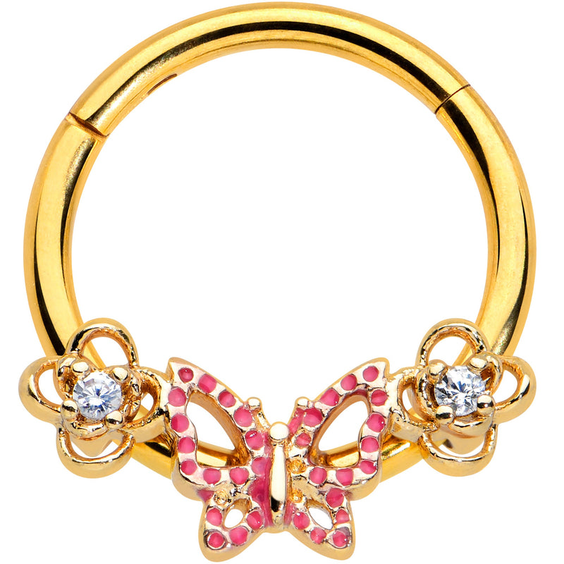 16G 3/8 Clear CZ Gem Gold Hue Sweet Butterfly Hinged Segment Ring
