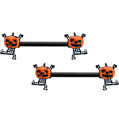 14G 9/16 Black Dancing Skeleton Pumpkin Halloween Nipple Ring Set