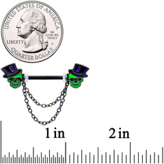 14G Green Top Hat Skull Halloween Dangle Nipple Ring Set