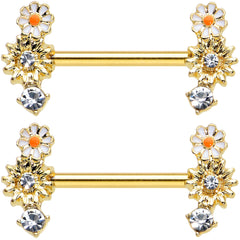 14G 1/2 Clear Gem Gold Tone Sunny Day Daisy Nipple Ring Set