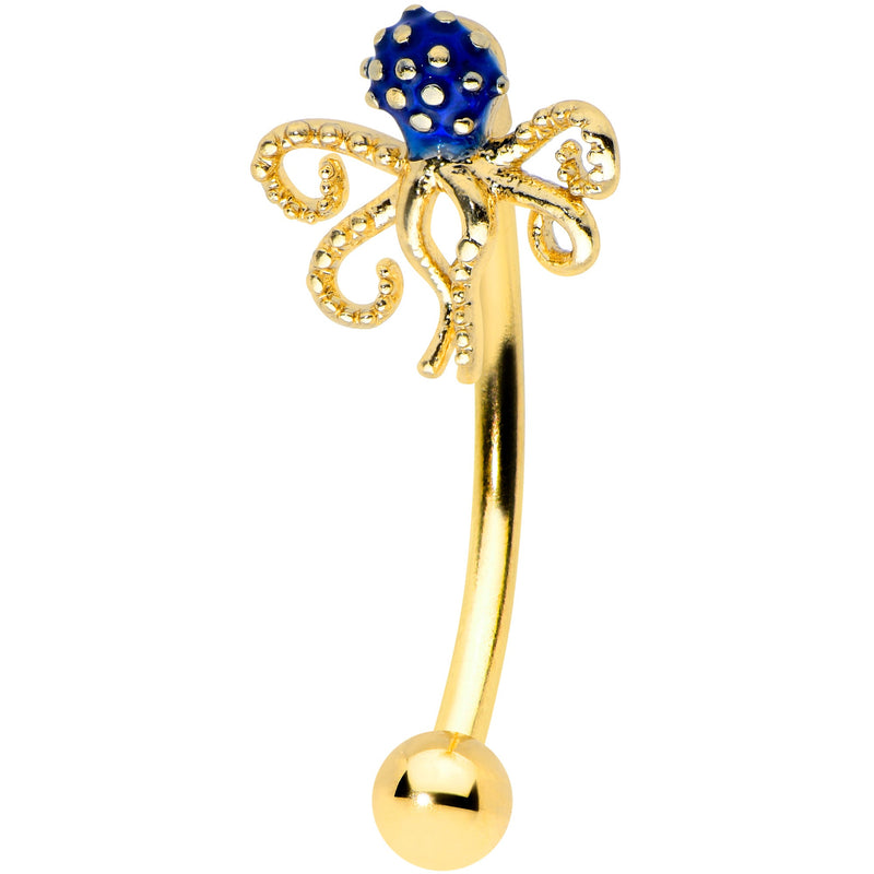 16G 5/16 Gold Tone Textured Blue Octopus Curved Eyebrow Ring