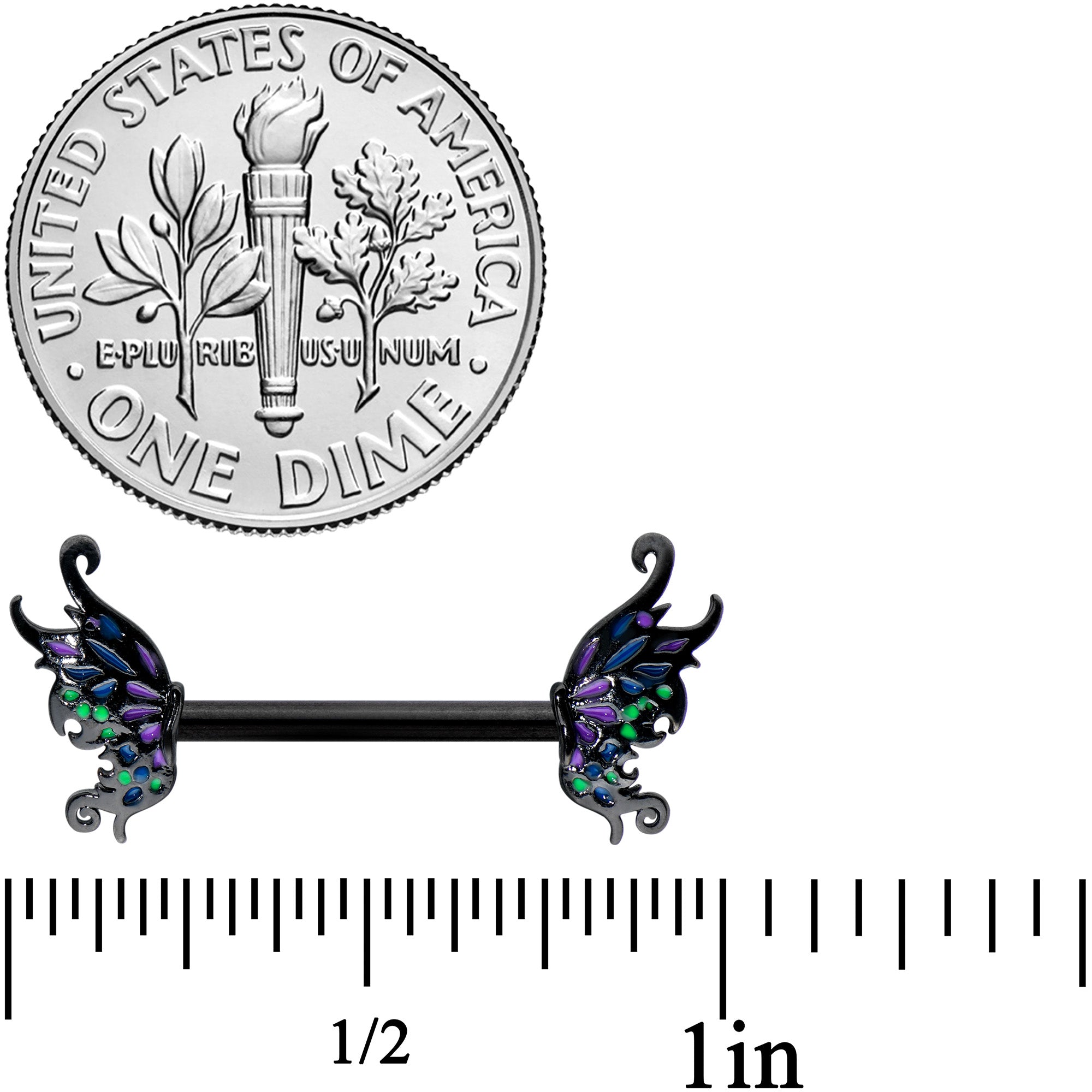 14G 1/2 Black Faerie Wings Fantasy Barbell Nipple Ring Set