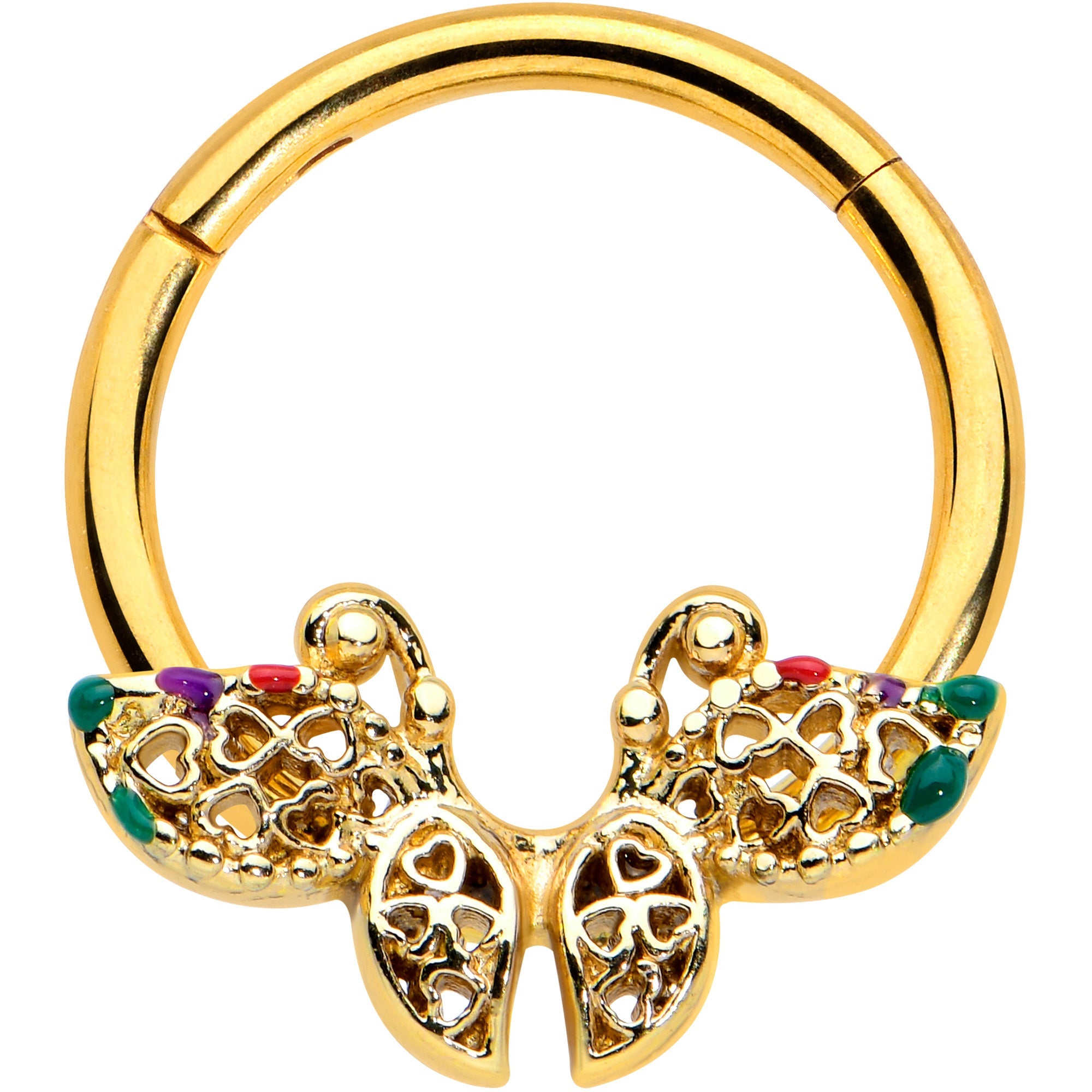 16G 3/8 Gold Tone Open Heart Butterfly Hinged Segment Ring