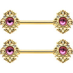 14G 9/16 Pink Gem Gold Hue Open Lace Love Barbell Nipple Ring Set