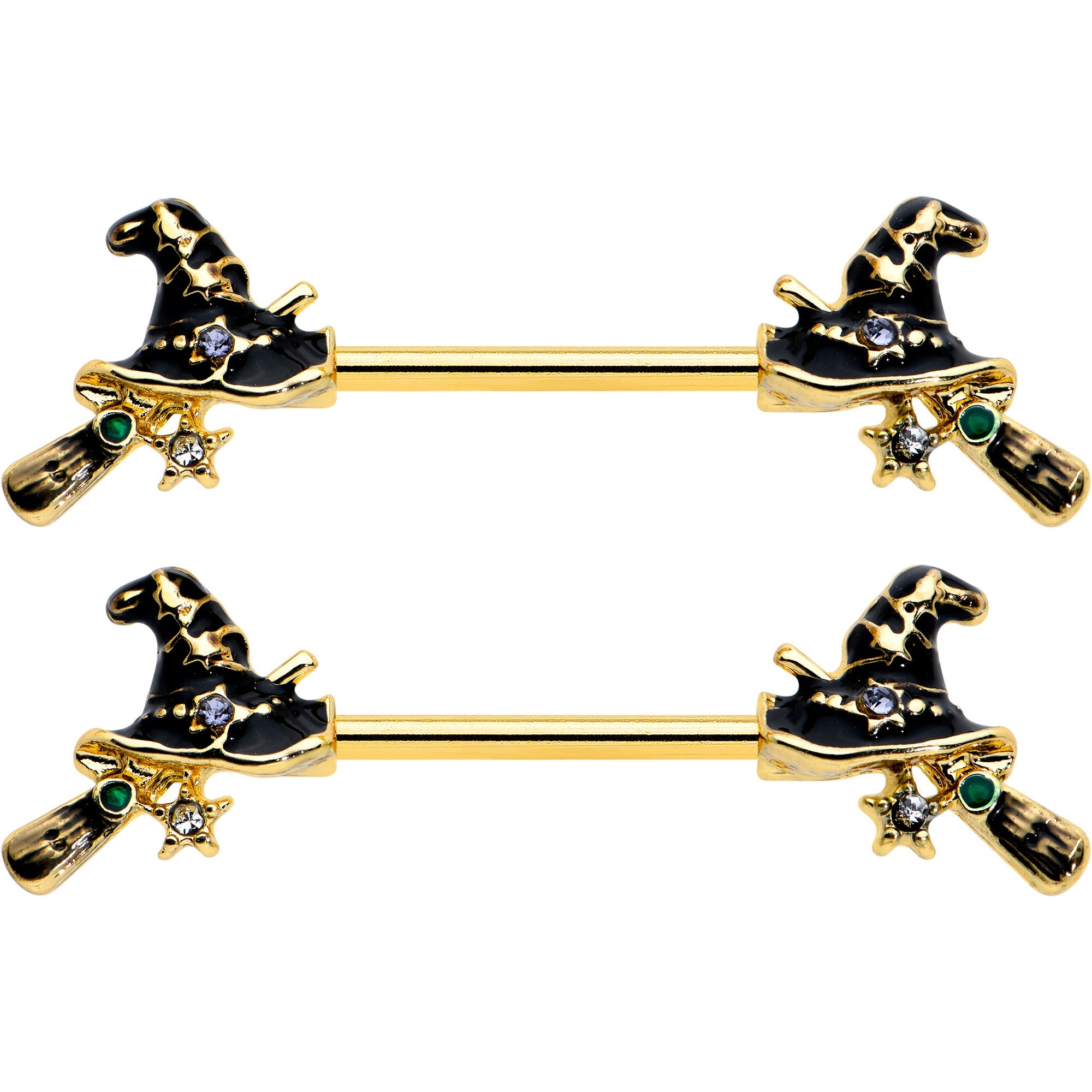 14G 9/16 Clear Gem Gold Tone Witch Hat Broom Nipple Ring Set