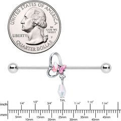 14G Heart Pink Butterfly Dangle Industrial Barbell 38mm