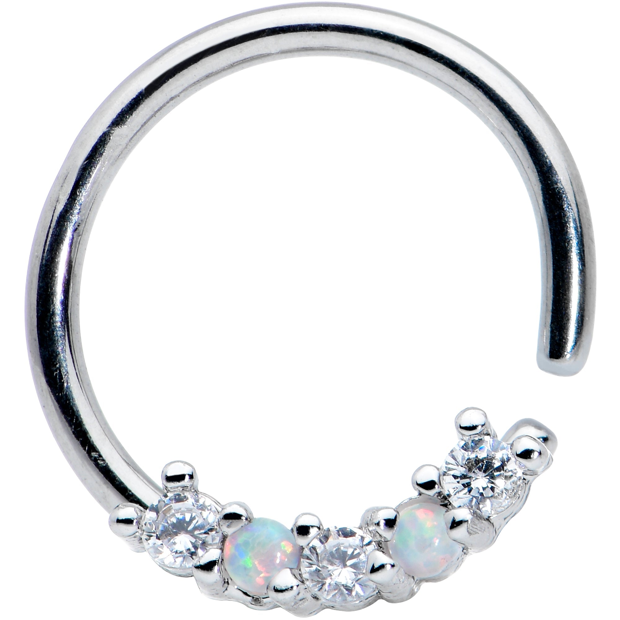 16G 3/8 White Synthetic Opal Clear CZ Gem Style Closure Ring