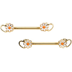 14G 9/16 Gold Tone Daisy Flower Heart Barbell Nipple Ring Set