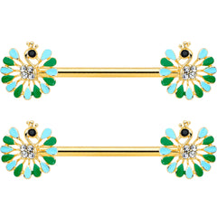 14G 5/8 Clear Gem Gold Hue Pretty Peacock Barbell Nipple Ring Set