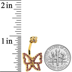 Pink Gem Gold Tone Simple Butterfly Flower Double Mount Belly Ring